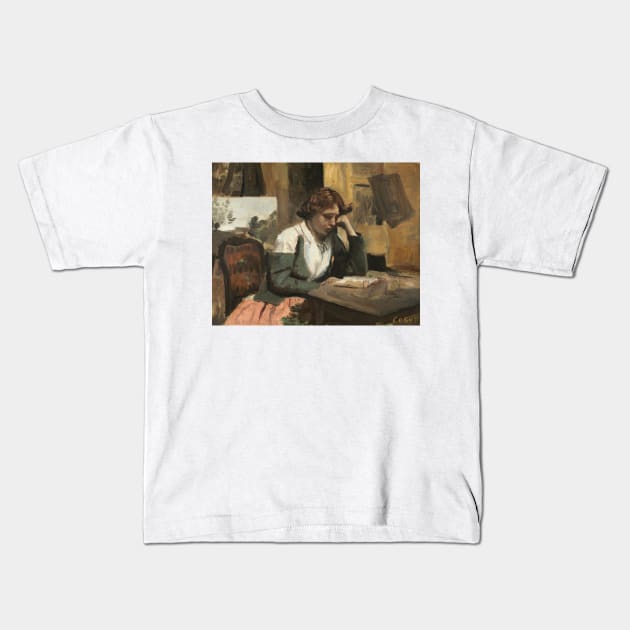 Young Girl Reading by Jean-Baptiste-Camille Corot Kids T-Shirt by Classic Art Stall